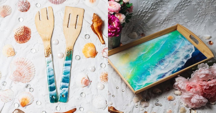  Beautiful scenic adorn the surfaces of these resin and wood cheese boards.