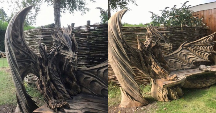  Woodworking. Fantastic dragons carved with a chainsaw