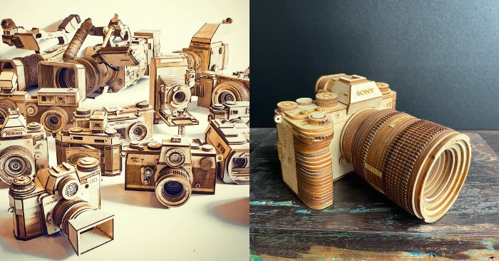  Incredibly detailed wooden models of iconic and vintage cameras are created by an artist.