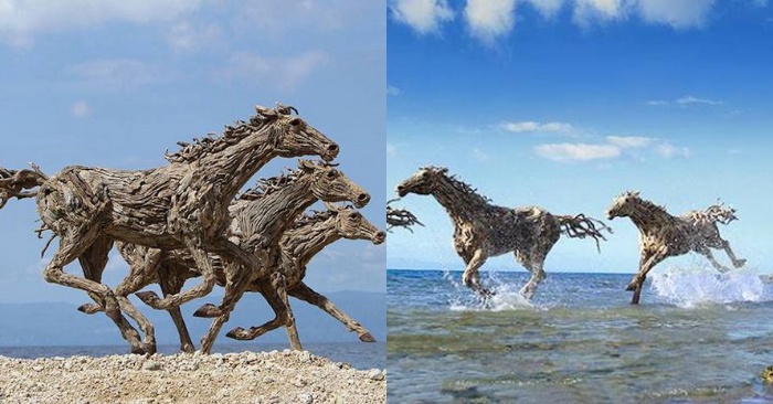  Wooden horses. Driftwood sculptures by James Doran-Webb