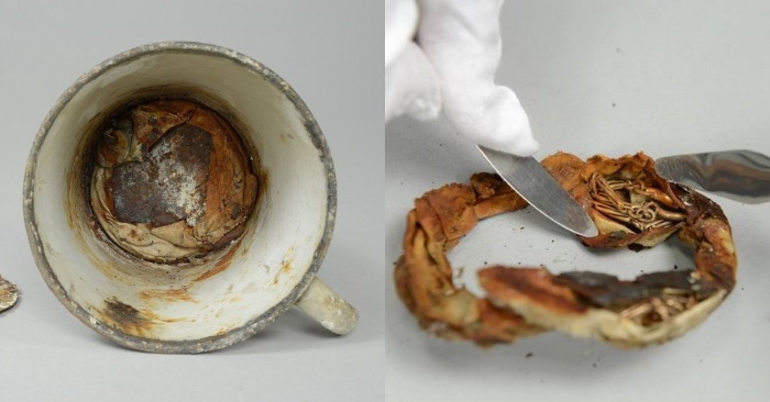  For 70 years, the mug stood in the Auschwitz Museum. Recently, the bottom of the mug rotted and a cache was found there.