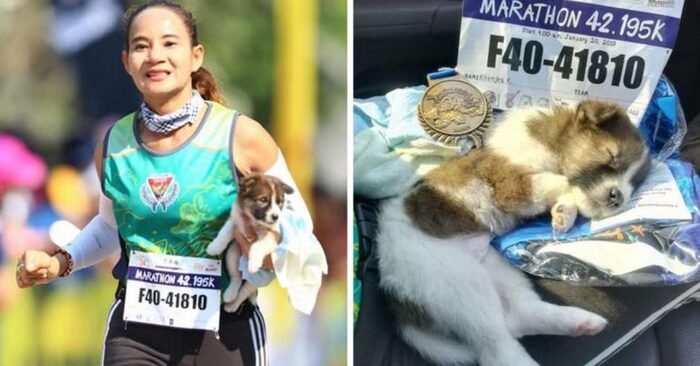  Amazing story: this woman finished running a marathon while rescuing a puppy