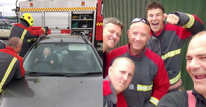  An interesting sight: the baby locked in the car kept laughing while the firefighters tried to free him