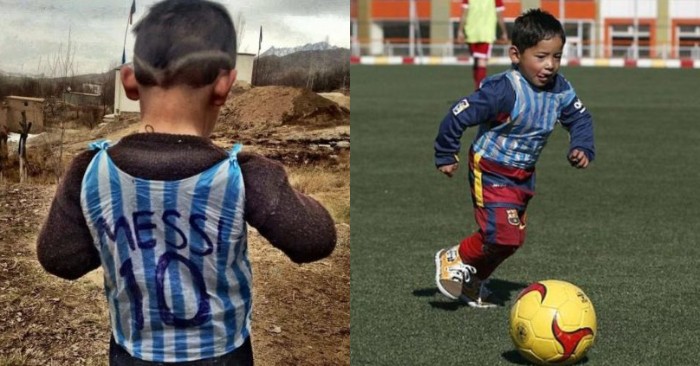  This is great: the boy used a plastic bag to make a Messi T -shirt and got a real one